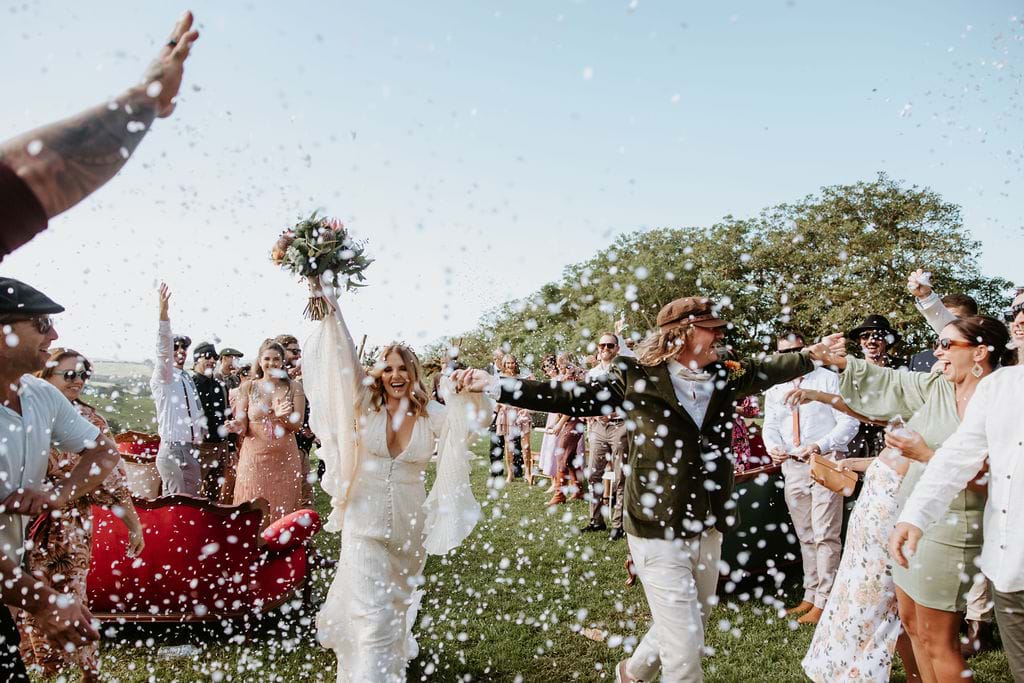 Bride and Groom laughing walking down the aisle a fun NSW wedding by Marry Me Zoe