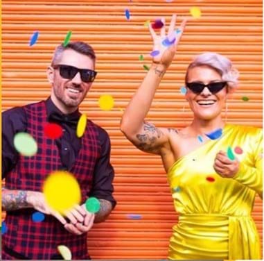 Modern brides and grooms celebrating their wedding. 